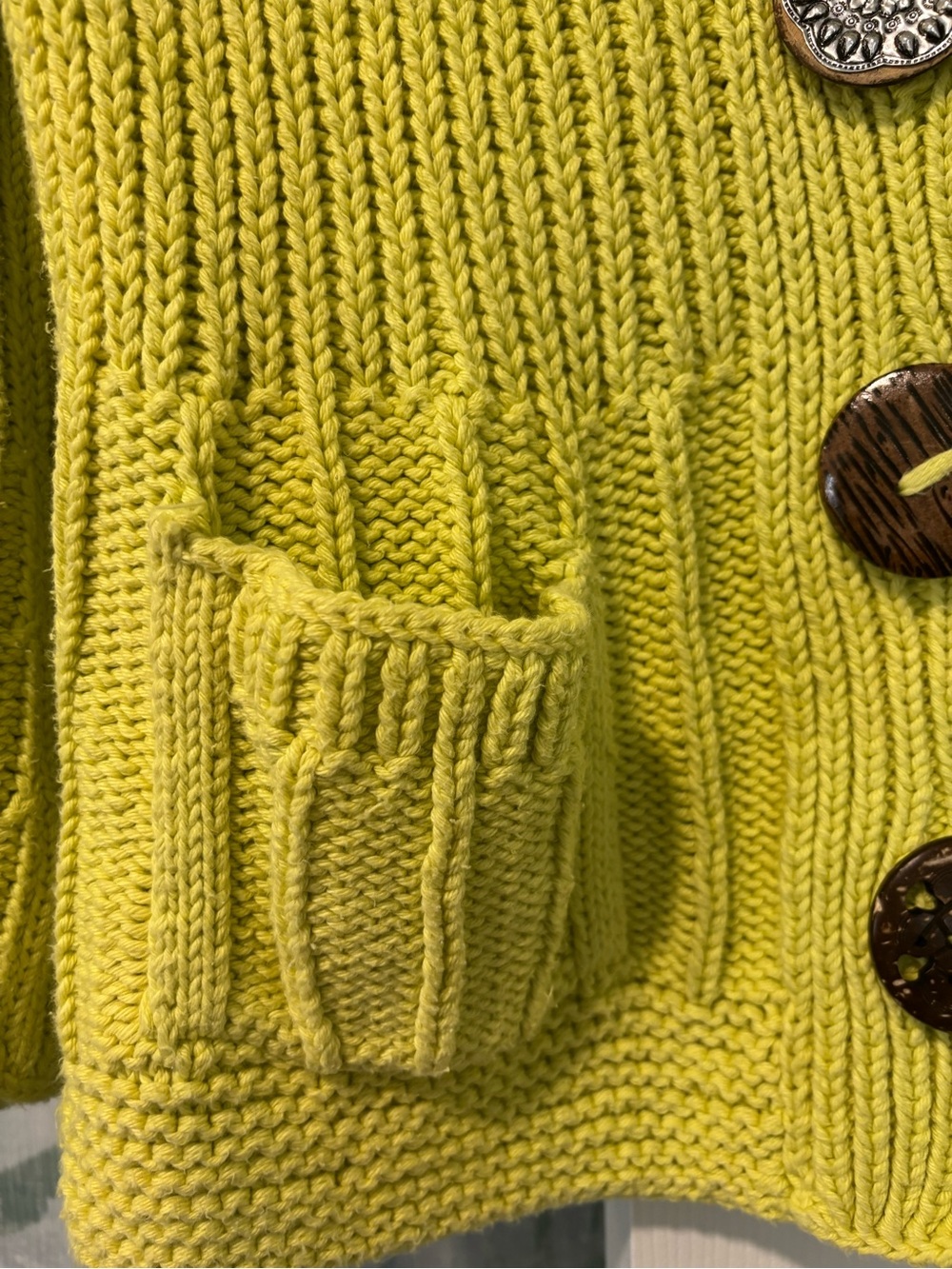 Pure Handknit Chartreuse Knit Cardigan with Decorative Buttons - Picture 2 of 8
